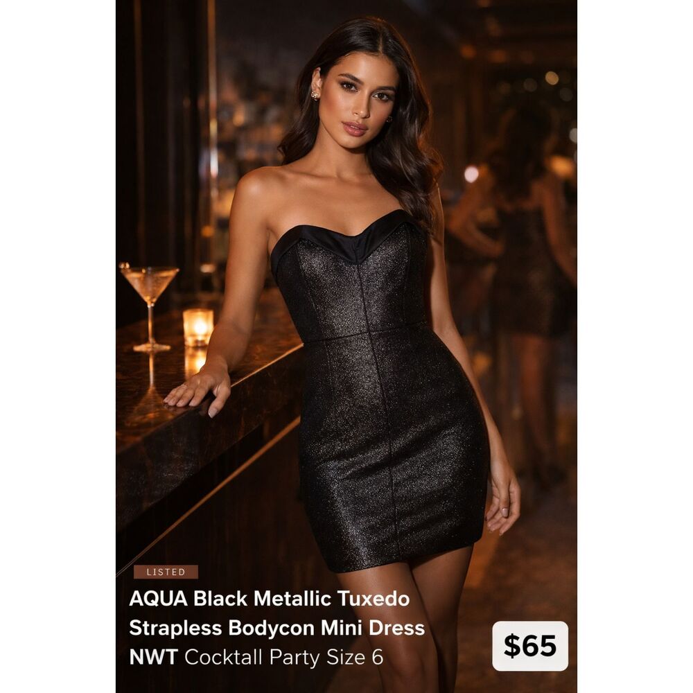 AQUA Black Metallic Tuxedo Strapless Bodycon Mini Dress NWT Sze 6 Cocktail Party
